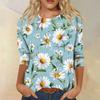 Women’s Crew Neck 3/4 Sleeve Casual Top with Floral Print Lightweight Pullover Loose Fit Blouse for Everyday Wear