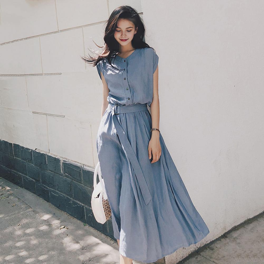 Women Solid Color Long Dress Elegant Summer Midi Dress with Belted Slim Waist A-line Silhouette Pleated Details for Women Round