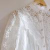Women Chiffon Button Turtleneck Shirt Chic Elegant Floral Lace Fluffy Long Sleeve Top Fashion Hollow Oversize White Blouse