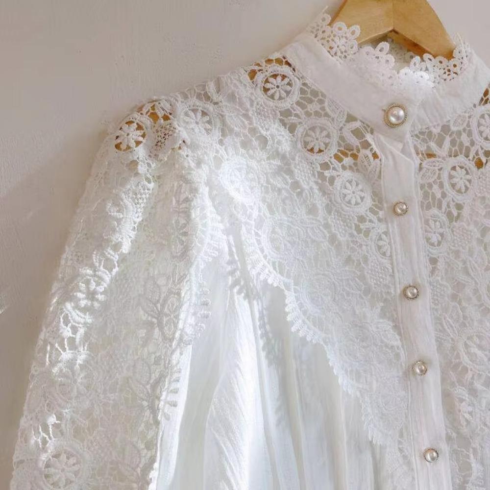 Women Chiffon Button Turtleneck Shirt Chic Elegant Floral Lace Fluffy Long Sleeve Top Fashion Hollow Oversize White Blouse