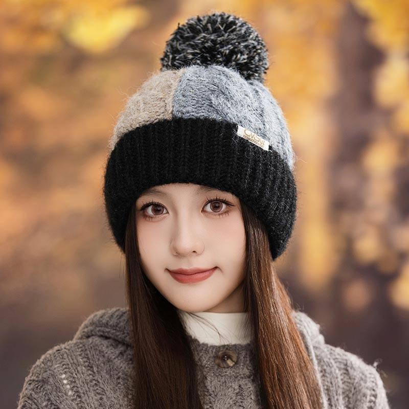 Thickened Warm Ear Protection Windproof Wool Hat Autumn and Winter Color Splicing Plaid Knitted Hat Women