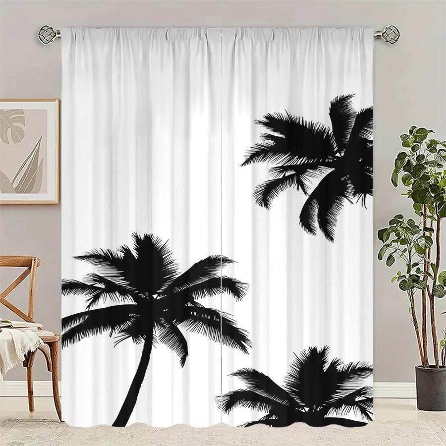 2 Stück - Schwarz-Weiß-Kokospalmen-Druck Vorhänge   Stangentaschenvorhänge   Weihnachtsdekorationen   Heimdekorationen   Raumdekoration