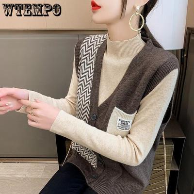 Color Blocked Knitted Vest Cardigan Women's Autumn Loose and Fashionable Sleeveless Shoulder Sweater Vest