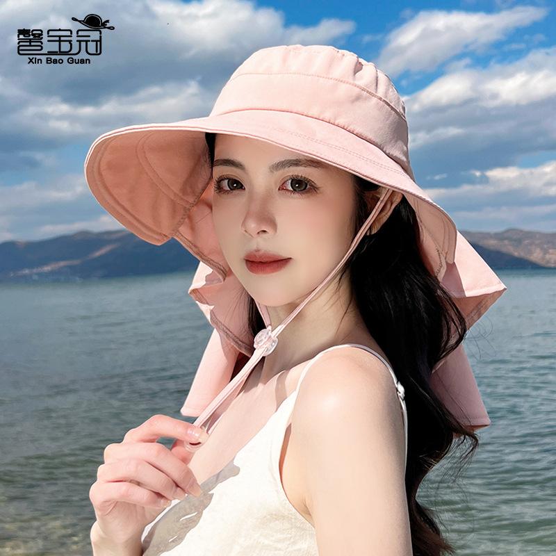 8459 spring and summer outdoor sunscreen visor big brim shawl bucket hat fashion with ponytail hole hat women
