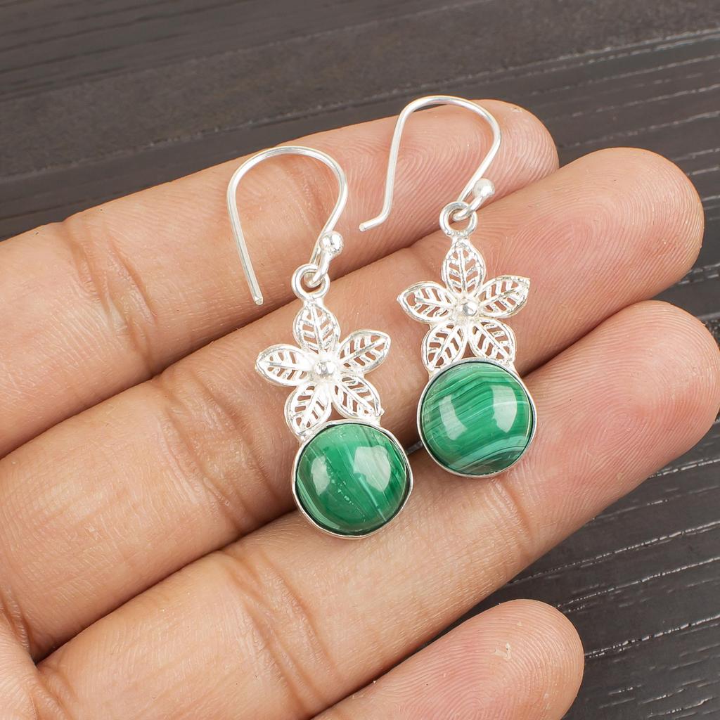 Natural Malachite Gemstone 925 Sterling Silver Handcrafted Jewelry Long Hook Earrings 1.50" For Her EE-54-26