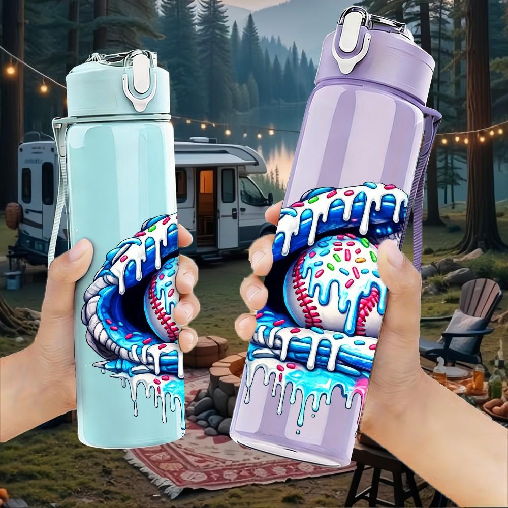 1PC Abstract Baseball Ball Graffiti Print 750ml Color Plastic Sports Water Bottle Leakproof Flip Straw Lid Suitable for Sports Office Home Use