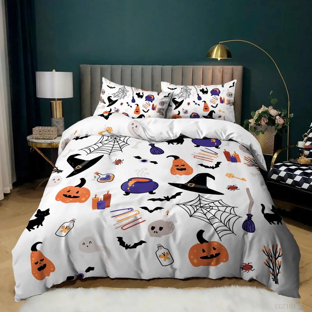Halloween Bedding Set Gothic Spooky Duvet Cover Pumpkin Lantern Comforter Cover for Kids Boys Bat Spider Web Comforter Cover