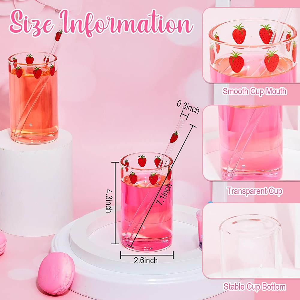 Cute Glass Strawberry Cups 300ML Straw Glass cups,Cute Strawberry Pattern Glass Bottles for Water Milk Tea,coffee Juice Tea Cups