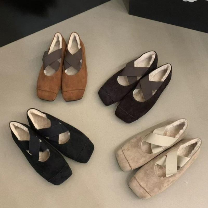 2024 Women's Flat Suede Cross Strap Elastic Band Solid Color Ballet Flats Square Toe Plus Velvet Warm Slip-on Women's Shoes