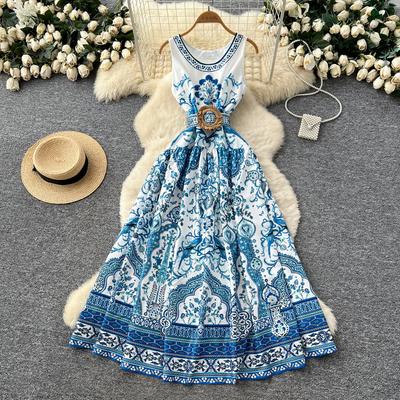 Summer Women Brand Designer Flower Print Runway Dress Sleeveless Long Maxi Tank Party Dresses with Belt