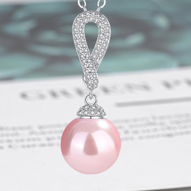 Zircon-Set Imitation White Pearl & Multicolor Shell Pendant Necklace - Women's Fashion Clavicle Chain