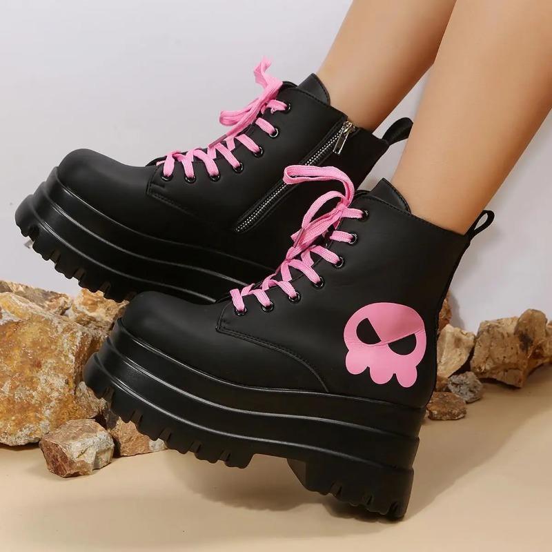 Fashion Black Pink Lace-up Combat Women Boots 6Cm Chunky Heel Platform Women Boots British Style Thick Sole Increase Height Casual Boots