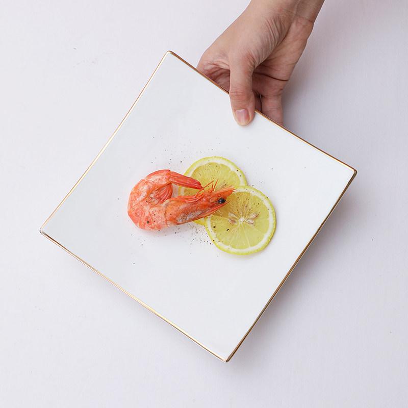 White Gold Ceramic Plate Square Tableware Western Steak Salad Tray Main Course Decorative Tableware Household Tray