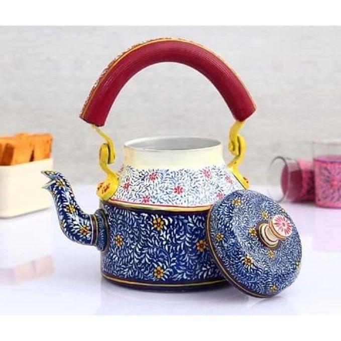 Traditional Handpainted Aluminum Kettle Tea Pot for Serving (Blue and White)
