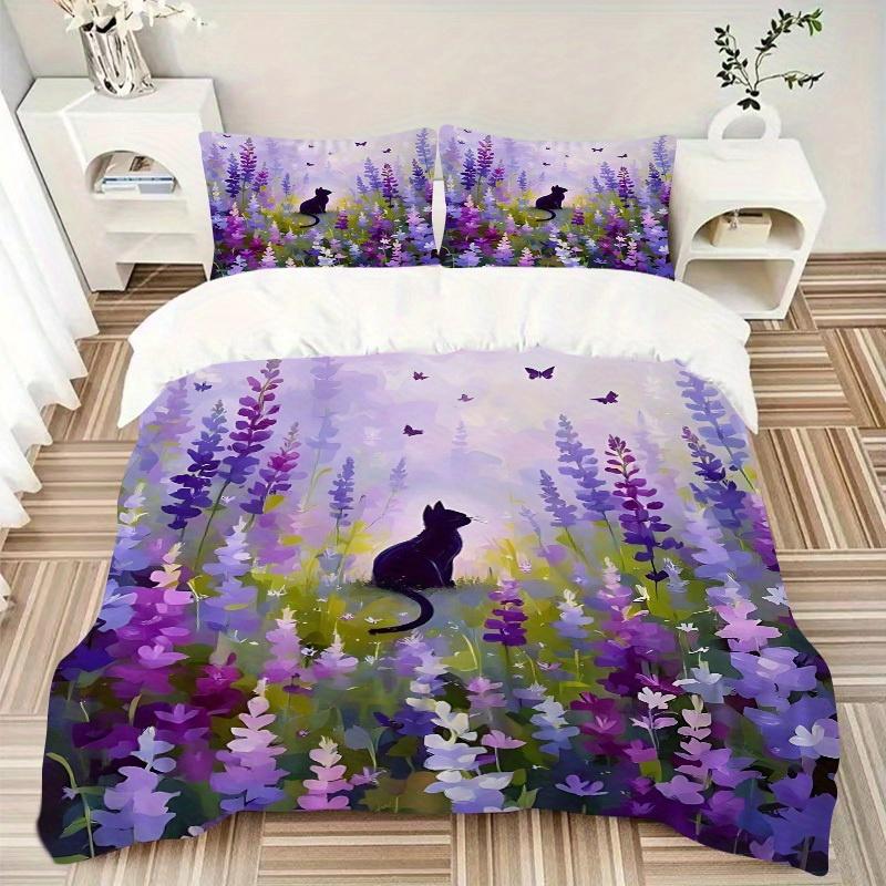 3Pcs Purple Flower Field Printed Bedding Set, Breathable And Soft,(Includes 1 Duvet Cover And 2 Pillowcases, Quilt Not Included) yy250815201
