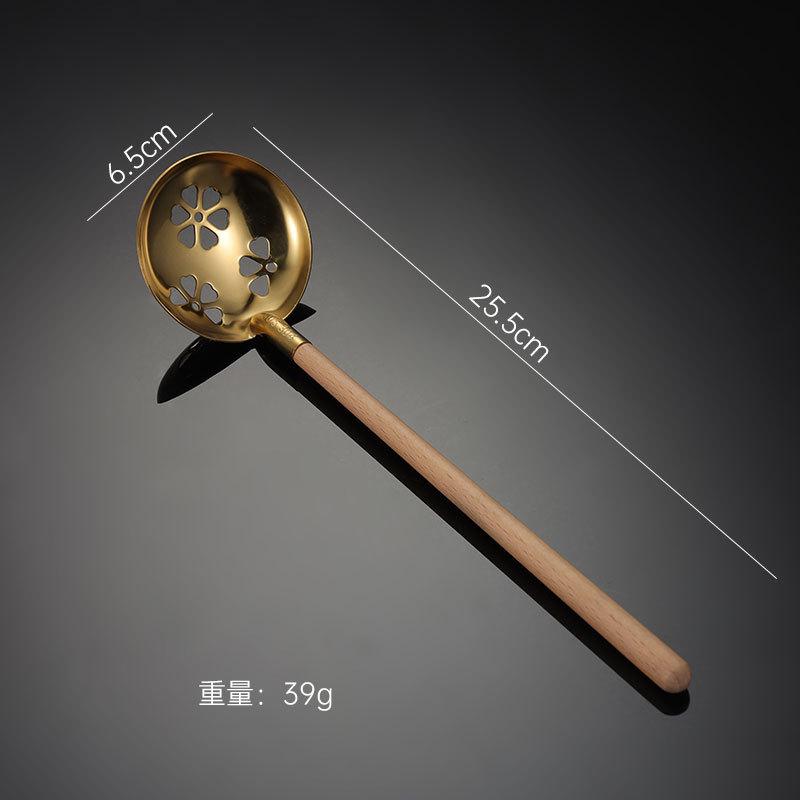 304 Stainless Steel Tableware Japanese Wooden Handle Soup Shell Colander Household Kitchen Gadgets Ramen Spoon Gold