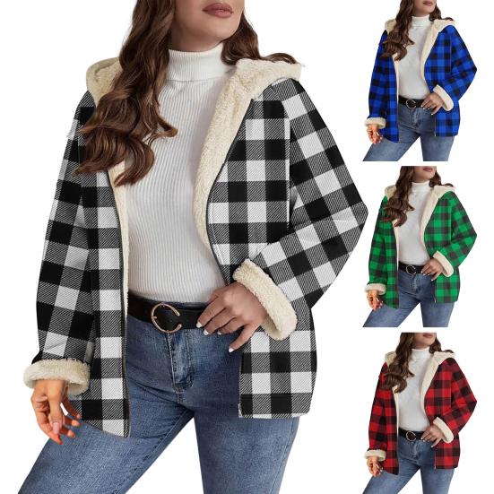 Women's Sherpa Plaid Shacket Long Sleeve Fleece Lined Jacket Oversized Warm Zip Up Hooded Coat Winter Outerwear