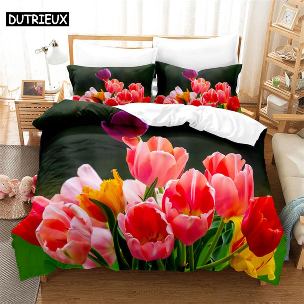 Butterfly Tulip Queen Bedding Set Duvet Cover Kids Bedroom Bed Set Comforter Cover Set King Size Duvet Cover Set Bedding Sets
