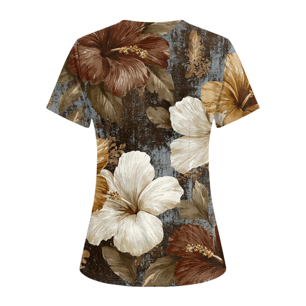 Damen V-Ausschnitt Drei-Taschen Kurzarm Retro-Print Uniform/Pflegekraft Oberteil Mit Schlitzen Am Saum