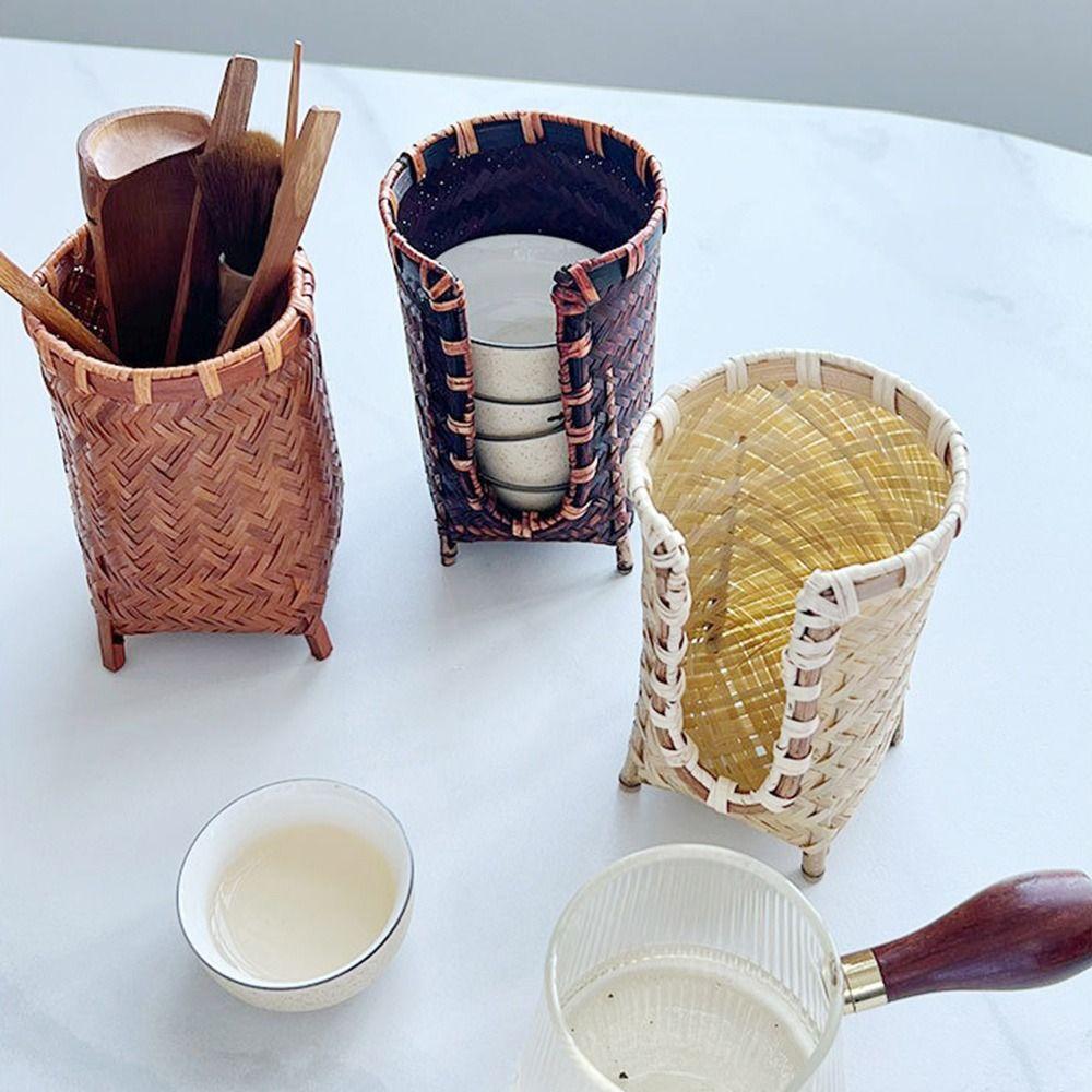 Convenient Bamboo Woven Cup Holder Rack Handmade Retro Paper Cup Dispenser Multipurpose Storage Basket for Bathroom Rinsing Cups