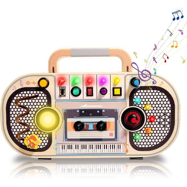 Cyiecw Montessori Busy Board with 11 LED Light, Radio Shap Sensory Travel Switches Toys for Toddlers 1+ Year Old, Educational Wooden Activity Board regular size