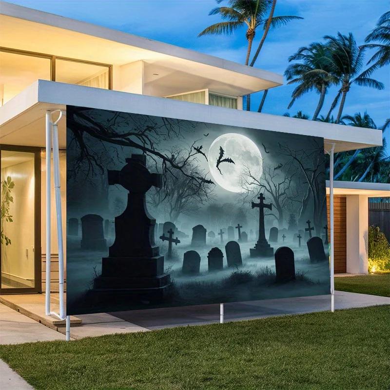 Mondlicht Friedhof Party Banner - Gruselige Halloween Dekoration mit Vollmond Grabsteinen und Fledermäusen