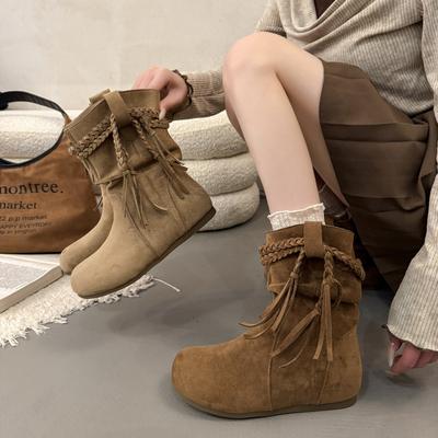 Autumn and Winter New Retro Strap Fringed Short Boots Martin Boots Women's 2025 Korean Version Korean Version Popular Casual Knight Boots