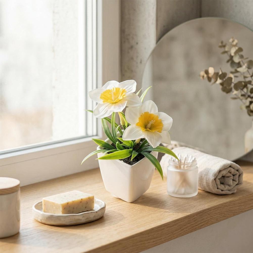 Artificial Narcissus Flower in Pot for Home Office Desk Decor Nordic Style Plastic Potted Plant No Water Needed