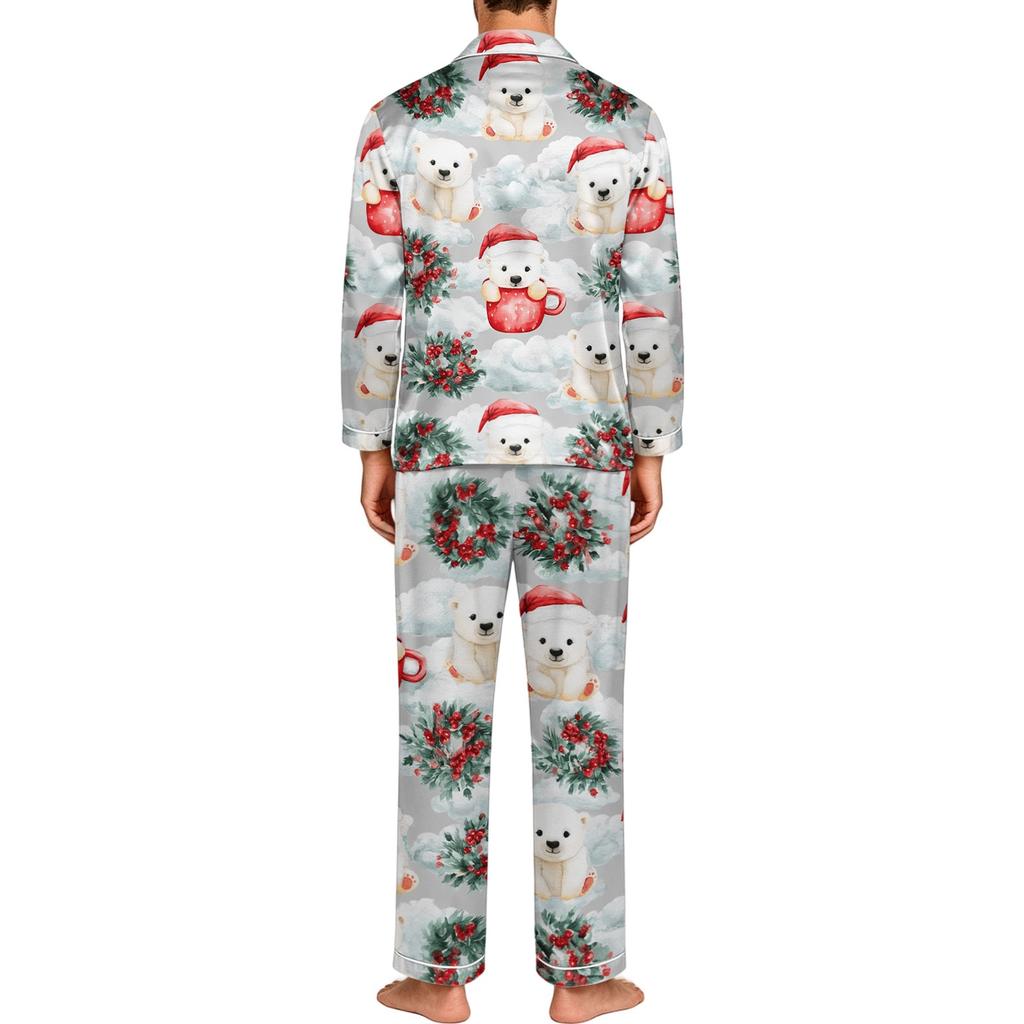 Herren Langarm Button-Down Pyjama-Set mit Hose, 2-teilige Loungewear Nachtwäsche