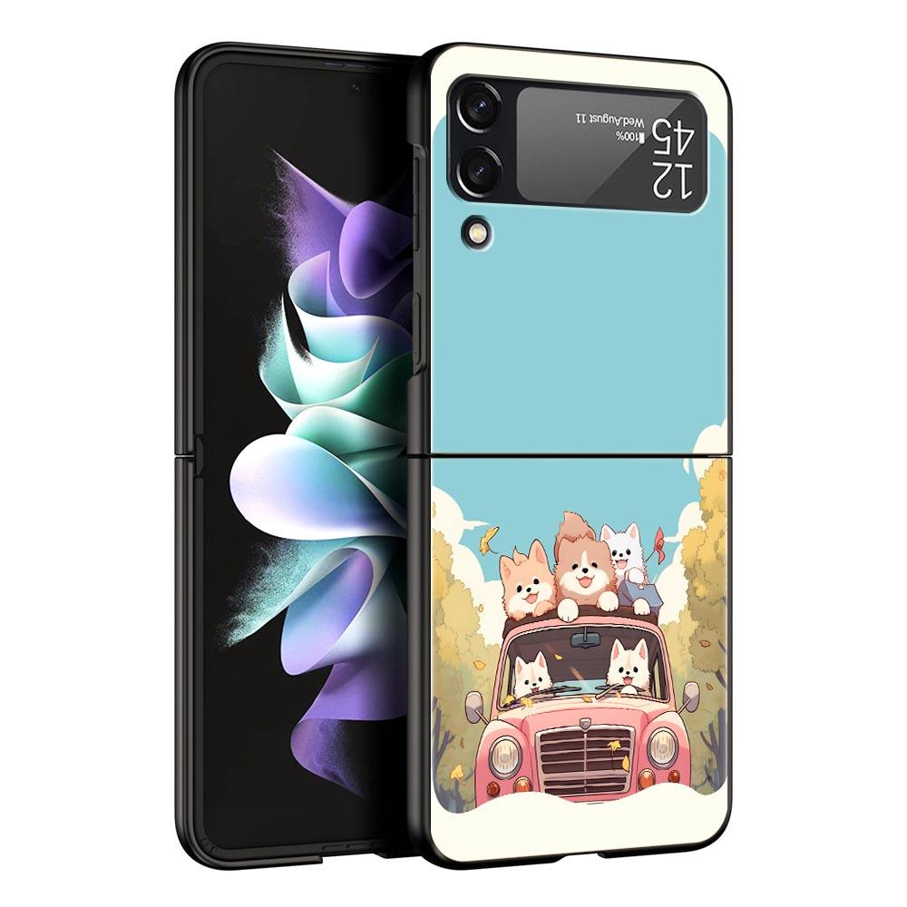 Schattige Cartoon Hond Kat Voertuig Telefoonhoesje Voor Samsung Galaxy Z Flip3 Flip4 Flip5 Case Voor Z Flip 3 4 5 6 7 Harde Vouwbare Cover