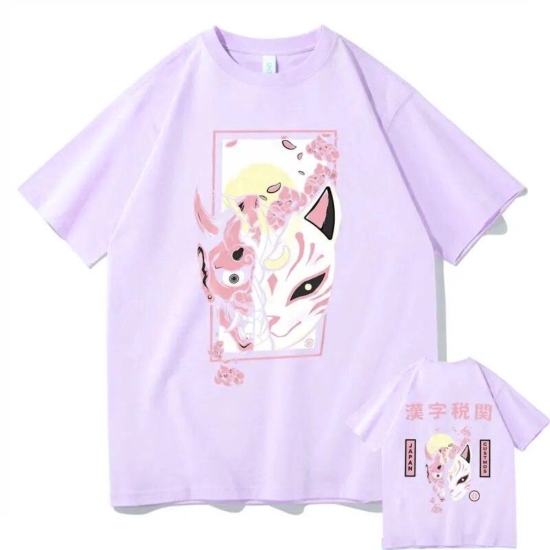 Hannya Mask T Shirts Futuristic Kitsune Mask Graphic T-shirt Japanese Anime Tees Kitsune Streetwear Fox Tshirt Unisex Manga Tops