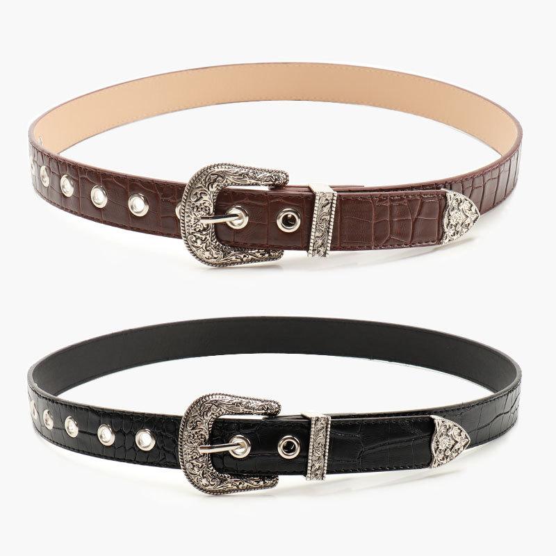 Heavy Industry Carved Alloy Three Piece Set Women's Belt Versatile Jeans Belt Retro Style Stone Patterned Belt for Women