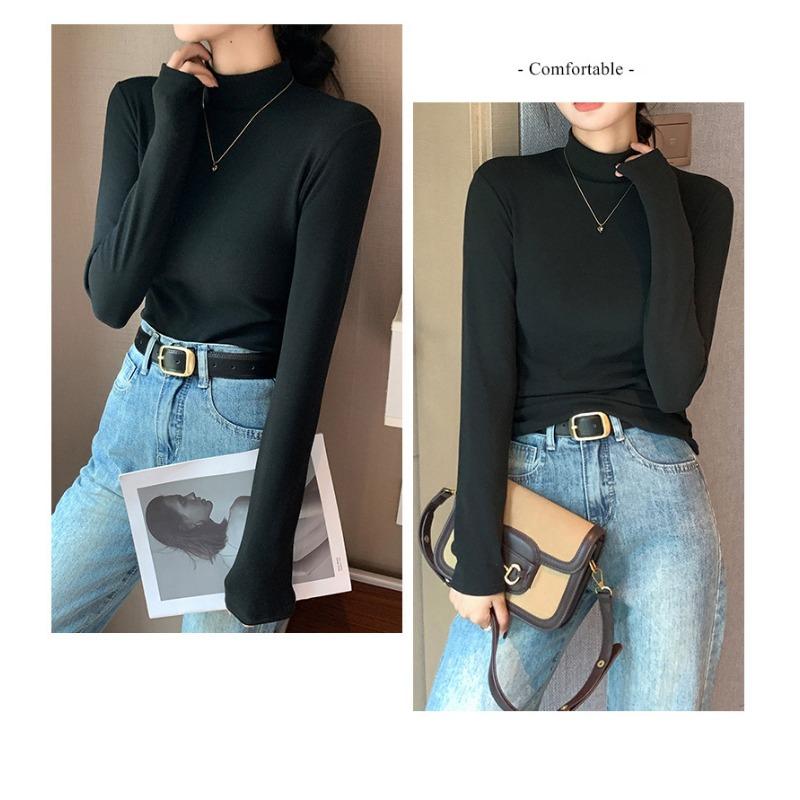 Women Half High Neck Solid Thickened Warm Fleece Lined Long Sleeve Bottoming Top
