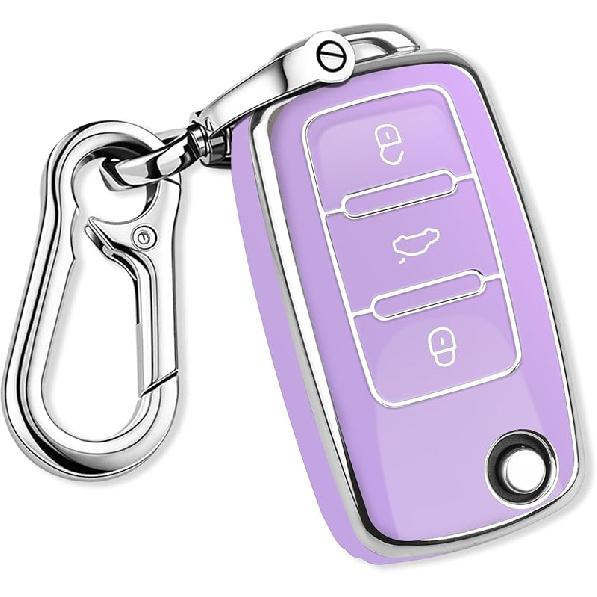 QBUC for VW Key Fob Cover with Keychain Silver Trim Soft TPU Compatible with Volkswagen Jetta Beetle Santana Scirocco Eos Tiguan Touran Polo MK5