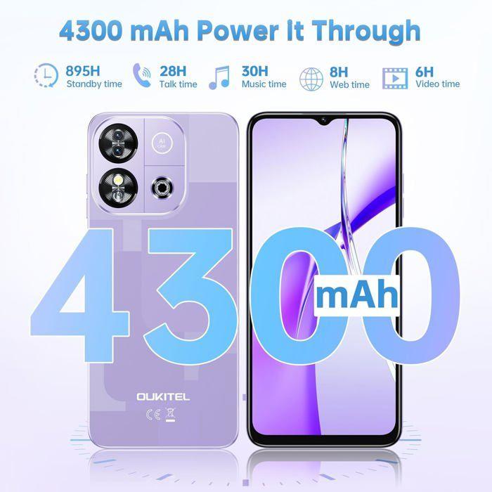 Téléphone Portable OUKITEL C57S 8Go+64Go Écran 6.52" Smartphone Pas Cher Android 14 4300mAh 13MP Smartphone Débloqué 4G Dual SIM/GPS
