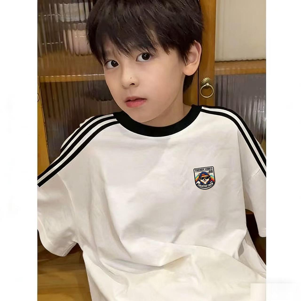 Boys Summer Cotton Short Sleeve T Shirt Fashionable Three Stripe Print Top For Kids 90