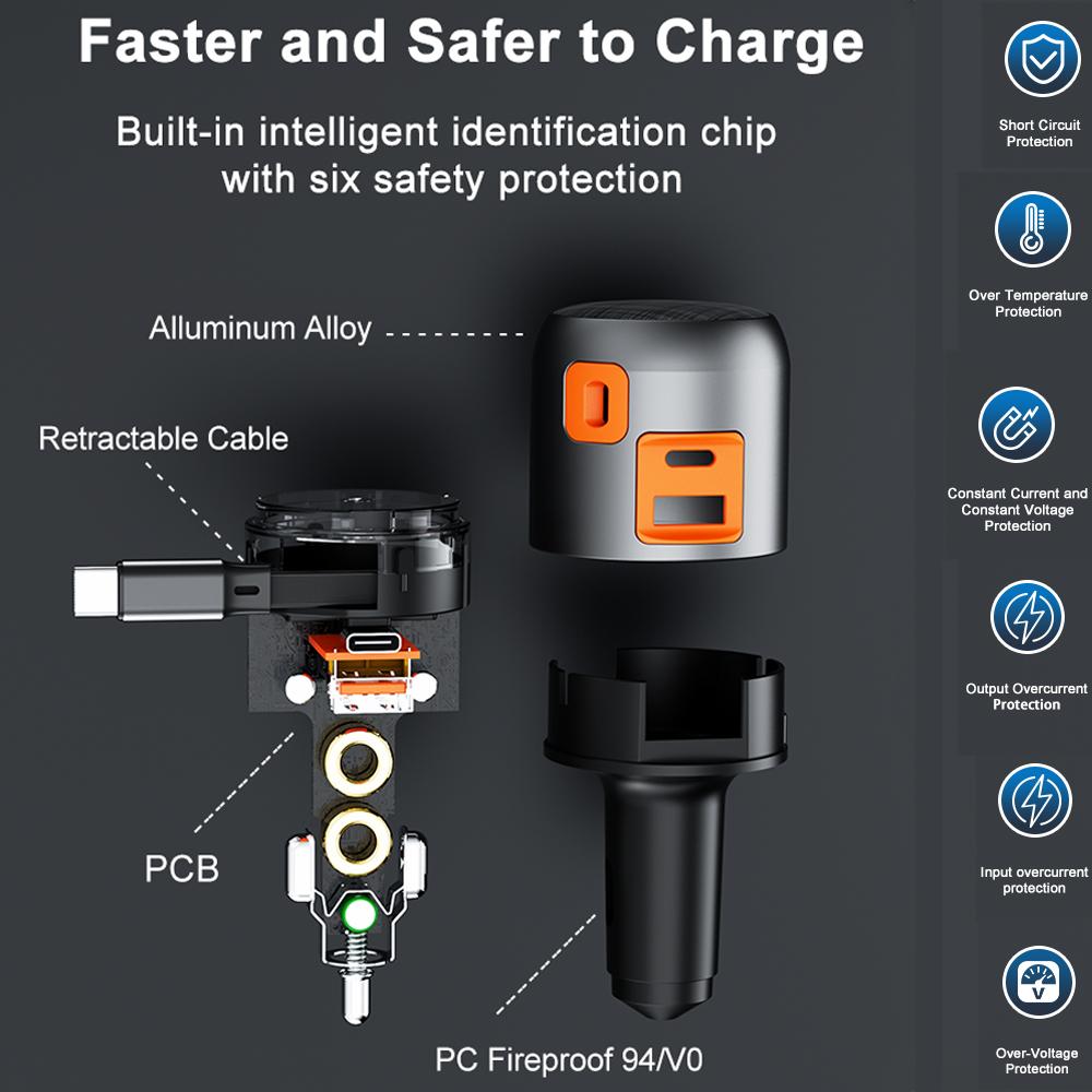 60W PD 3-in-1 USB Car Charger Lighter Fast Charging Car USB Type C Charger for Xiaomi Samsung Huawei IPhone Drones Headphones