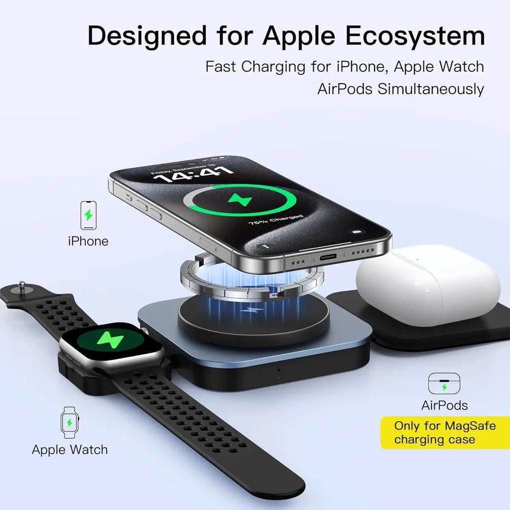 3 in 1 Foldable Magnetic Wireless Charger Stand For Magsafe iPhone 15 14 13 12 Apple Watch 8 7 Airpods Pro Fast Charging Station