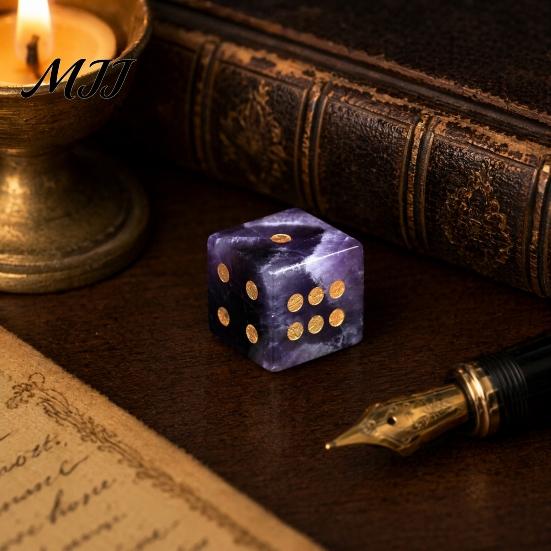 Tabletop Game Dice Natural Hand Carved Stone Dice, Mini Healing Faux Crystal Casual Night 6-Sided Golden Dots for Board Game, Casino Polished