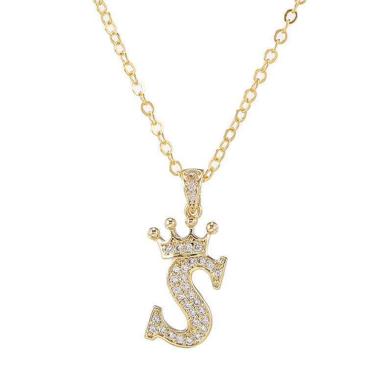 Fashion Cubic Zirconia Crown Letter Pendant Necklace Gold Hip Hop Punk Alphabet Jewelry