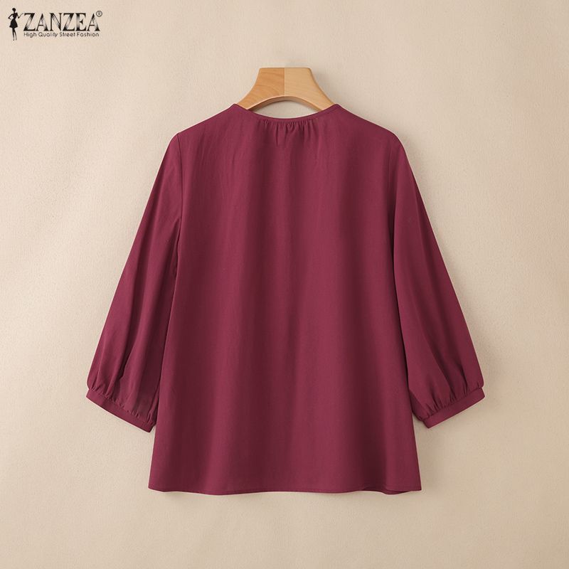 ZANZEA Women Casual Round Neck 3/4 Sleeve Loose Cotton Blouse