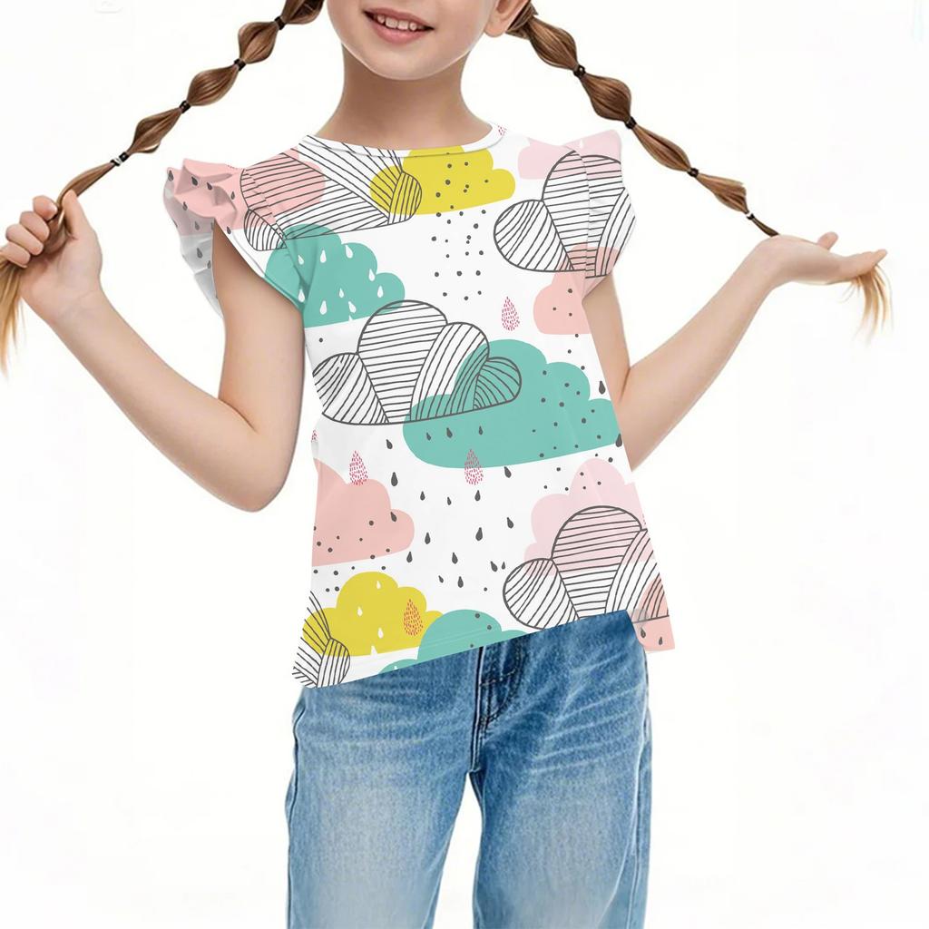 Children's Casual Short-Sleeved Pleated Cute Floral Printed Round-Neck Top