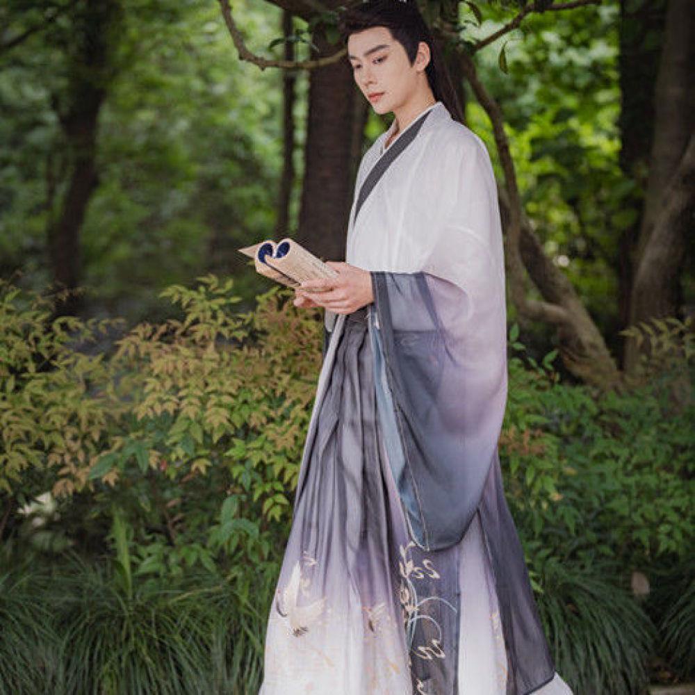 Oblek čínského páru Hanfu ve stylu dynastie Wei a Jin s potištěným oblekem s širokými rukávy v délce pasu