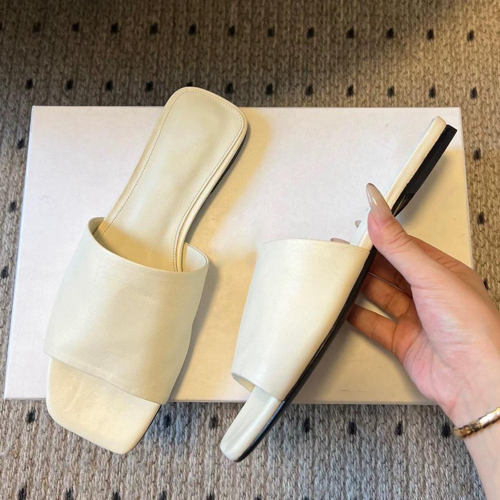Cowhide Version~ Korean Simple Square Head Flat Bottom Comfortable Open-toed One-word Slippers Women Wear 2025 Summer Cool Slippers