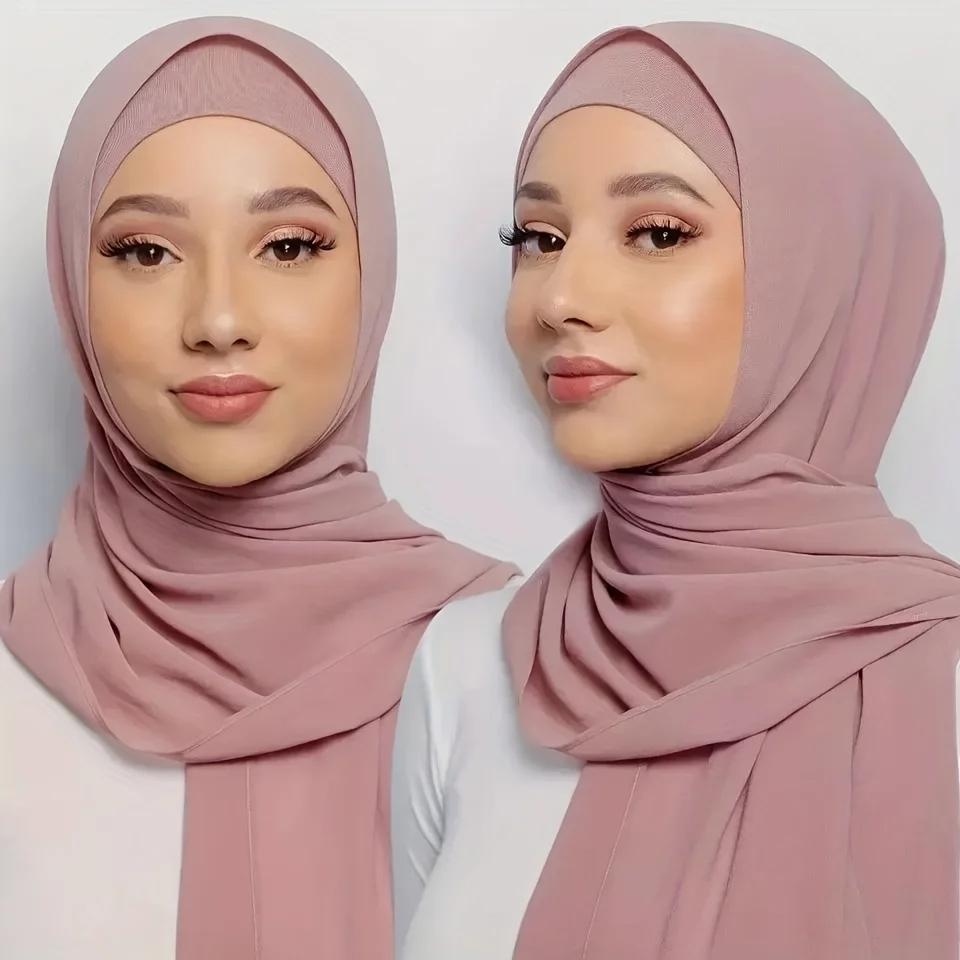 2 stk ensfarget muslimsk chiffon hijab skjerf mote kvinner Ramadan lange sjal bandana turban hodeskjerf klassisk hodeomslag