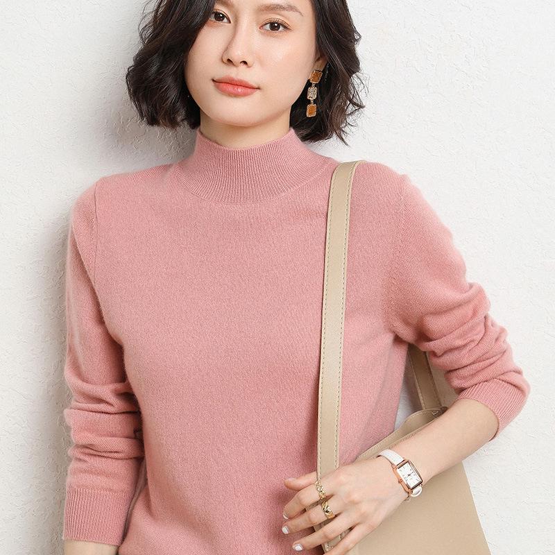 Women's Knitted Half High Neck Sweater - Solid Color, Warm Thick, 2024 Autumn/Winter New Style