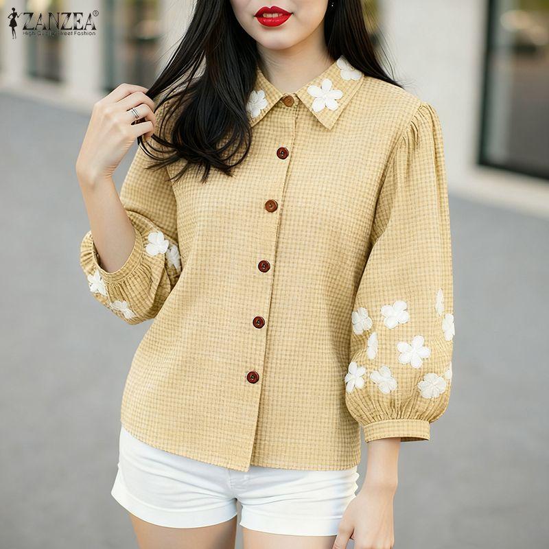 ZANZEA Women Casual Turn Down Collar Loose 3/4 Sleeve Grid Print Blouse