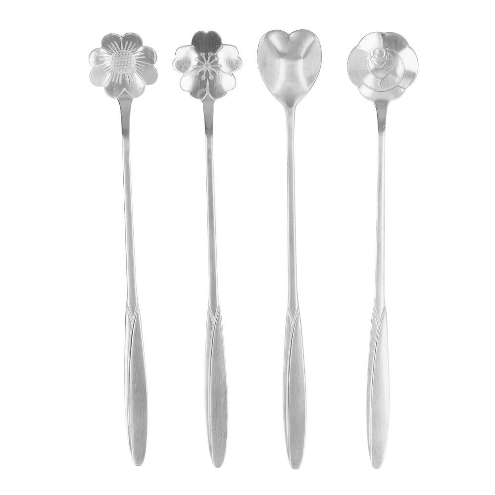 4Pcs Flower Shaped Spoon Head Stirring Spoon Multi-color Dessert Spoon Coffee Stirring