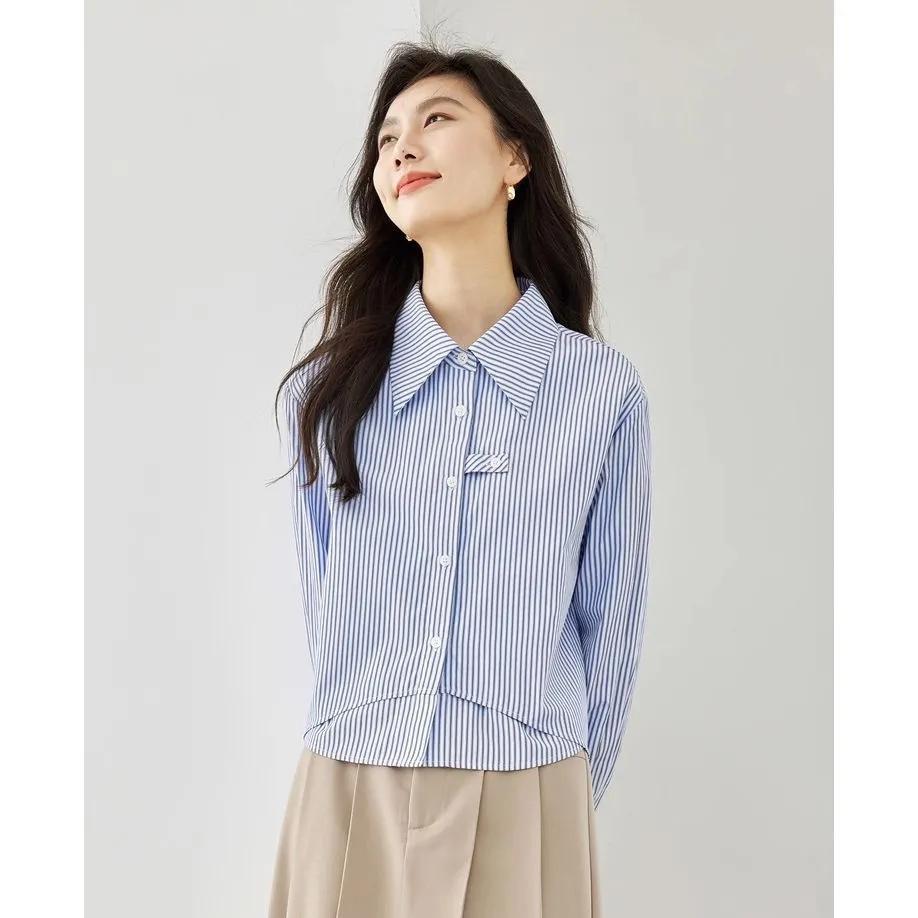 

Женские укороченные рубашки в синюю полоску, весенний топ с длинными рукавами, женские блузки, повседневная модная рубашка на пуговицах, женская одежда XL синий