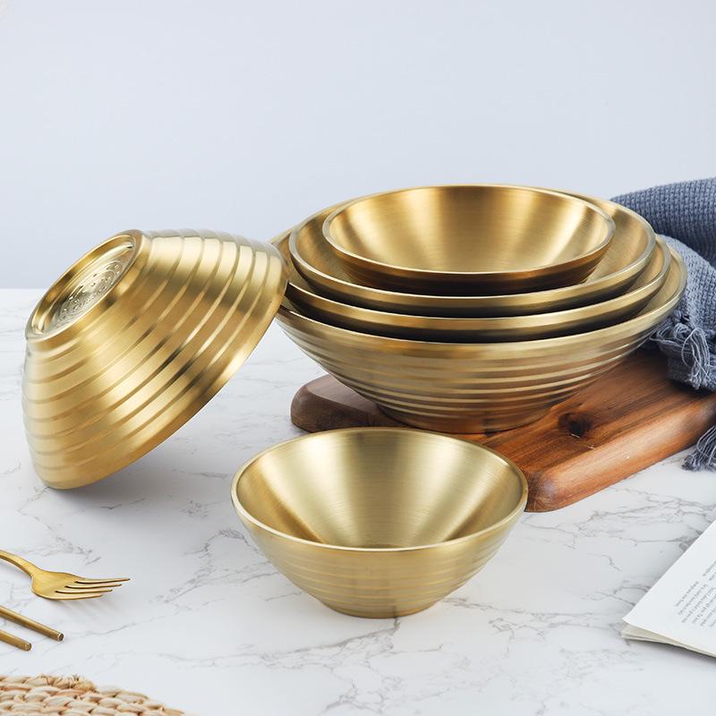 304 Stainless Steel Double Layer Heat-Insulated Ramen and Soup Bowl - Large Gold Noodle Mixing Bowl